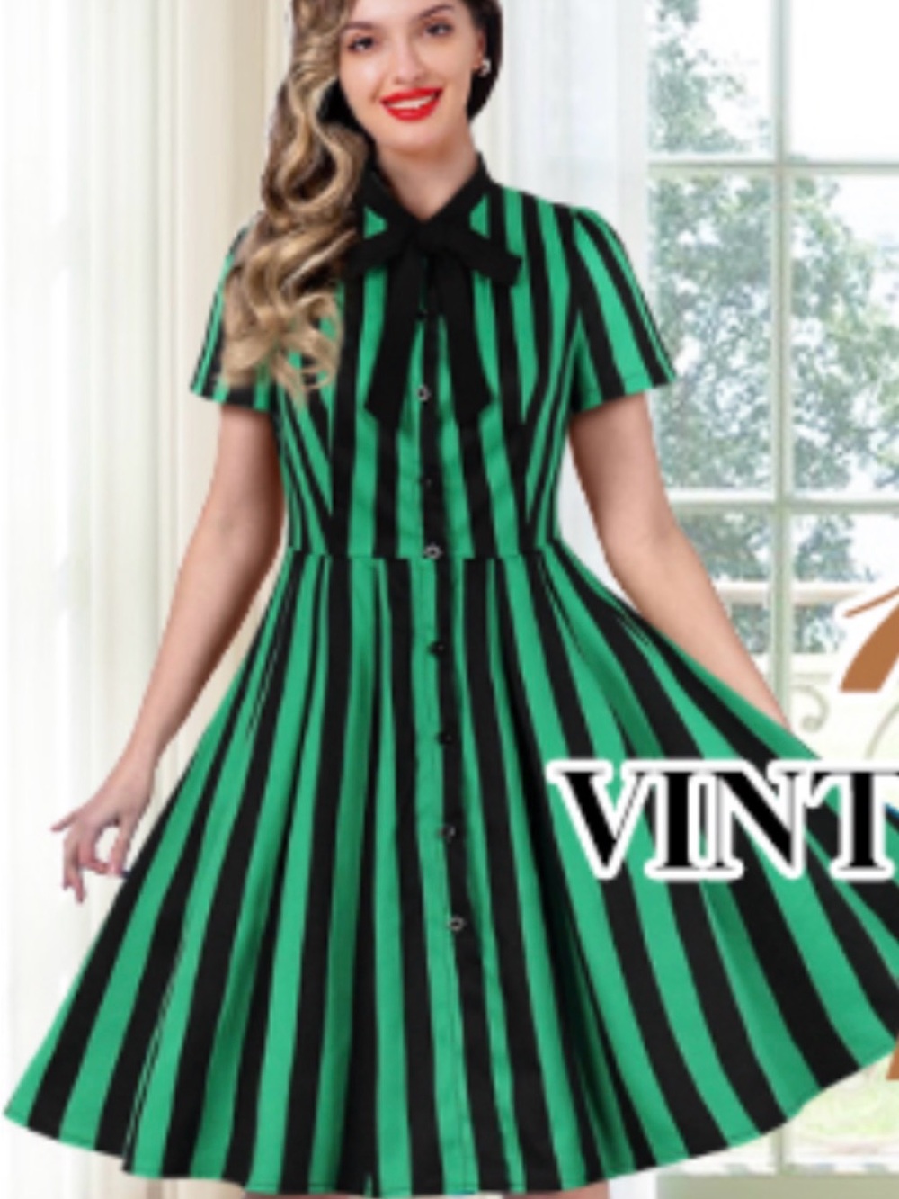 Vintage-Inspired Green & Black Striped Button-Front Dress